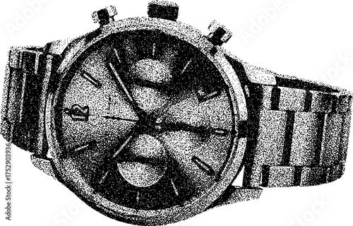 Close-up of a detailed, metallic chronograph wristwatch with a black dial and silver band