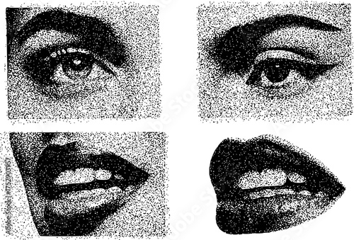 Close-up of a woman's eye and lips in a stippled black and white artistic style