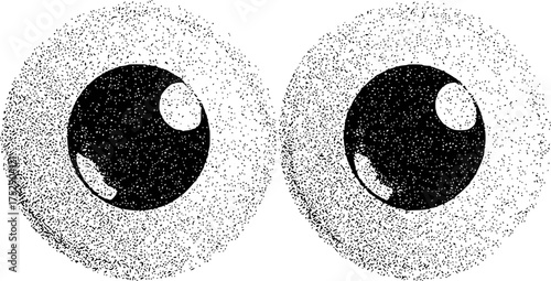 Two stylized black and white eyes with a textured, grainy appearance