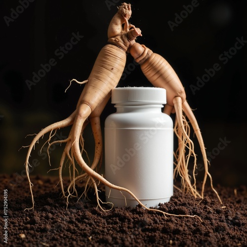Ginseng Roots and White Bottle on Dark Soil Background