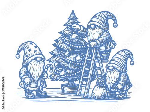 Gnomes decorating Christmas tree engraving vector illustration