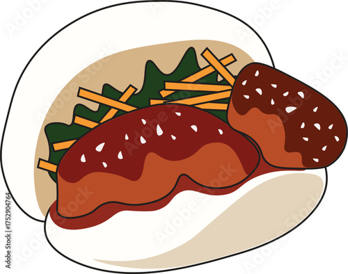Vector illustration of a delicious Asian pork bao bun filled with tender meatloaf, fresh lettuce, and shredded vegetables, topped with savory sauce.