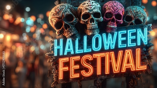 Wallpaper Mural  Instagram story post for Halloween night festival with creepy carnival theme, skulls, and neon title text Torontodigital.ca