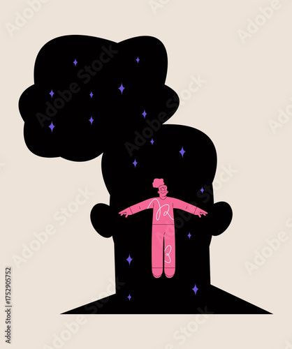 Woman levitating inside their own head. Colorful vector illustration