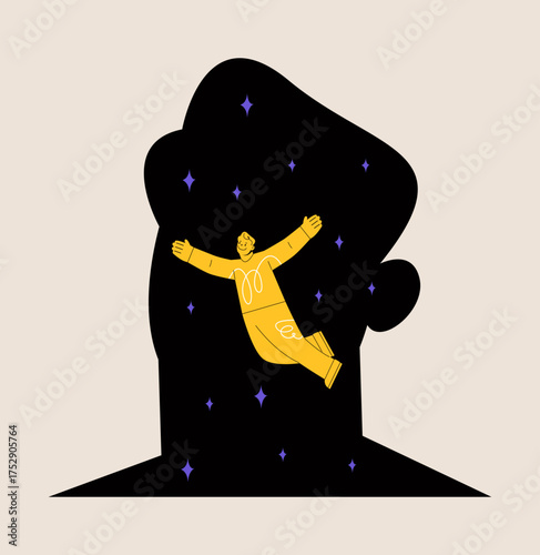 Man levitating inside their own head. Colorful vector illustration