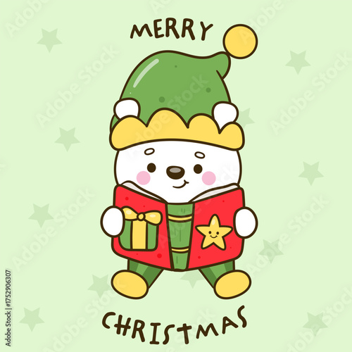 cute polar bear elf read book bookish christmas animal kawaii cartoon winter season

