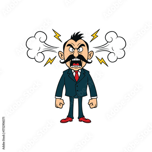 Angry cartoon man in suit with steam and lightning bolts vector illustration for workplace stress emotional reaction or humorous editorial content in clean flat design