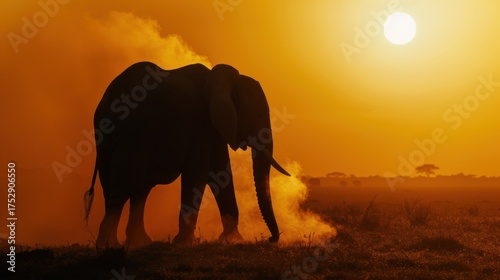 Wild Nature Landscapes: Orange Sunset Skies, Huge African Elephants (Tusks, Trunks) & Wildlife Families on Safari