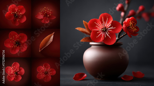 Red flower blossom with brown leaf and petals in ceramic vase on dark background, elegant and delicate floral still life