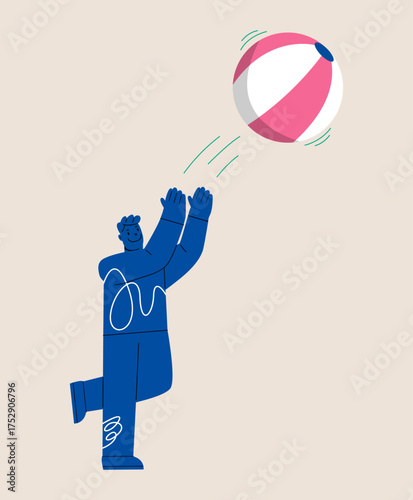 Man throwing beach ball. Colorful vector illustration