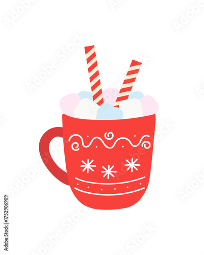 Christmas cup of hot drink. Red mug of hot cocoa with marshmallows and wafer rolls, Christmas cup with snowflake ornament. Winter drink isolated on white background.
