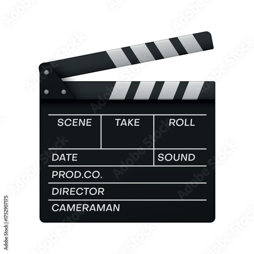 An illustration of a classic movie clapperboard with key information about the filming process, including scene, take, and frame number. Perfect for any film project or media content creation.