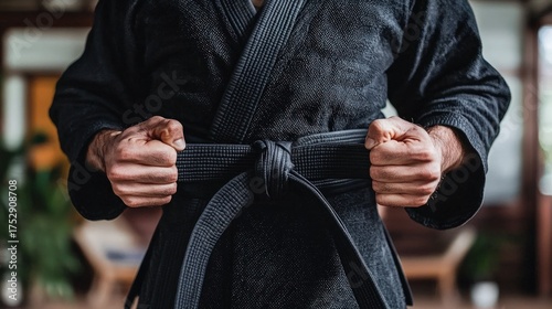 Martial artist in black uniform tying belt, ready for training.