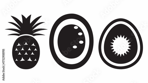 Illustration of pineapple, coconut with spots, and kiwi slice in black and white monochrome style art