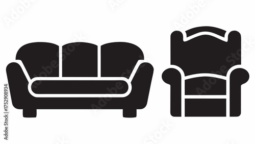 Illustration of a black sofa with three cushions and a black armchair with curved backrest design