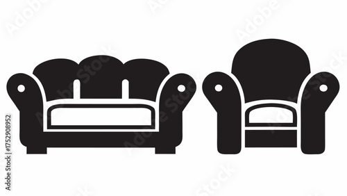 A black and white illustration of a couch and chair with a simple design and rounded armrests and cushions