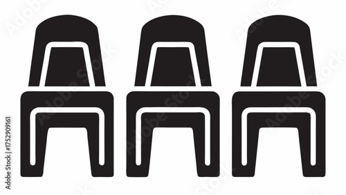 Three black chairs aligned in a row with identical design and spacing on a white background showing simplicity