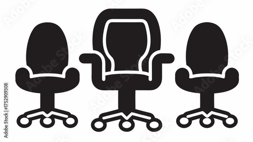 Three office chairs are arranged in a row, two standard and one executive, all in black silhouette