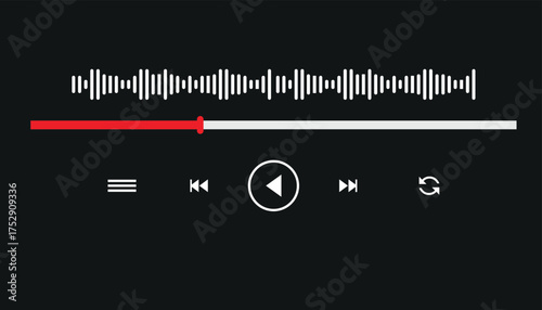 audio or video player progress loading bars with time slider, play and pause, rewind and fast forward buttons. Templates of media player playback panel interface. Vector illustration