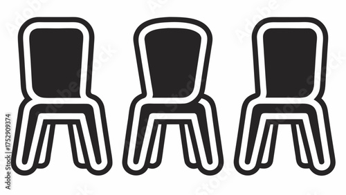 Three black and white chairs in a row with thick outlines creating a simple and modern furniture design