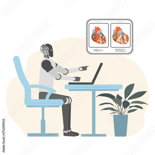 Robot analyzing digital heart data on laptop in office setting, suitable for healthcare theme