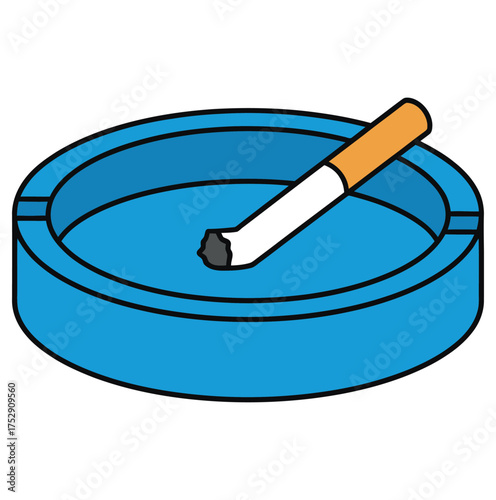 Blue ashtray containing a cigarette butt illustrating smoking and associated health risks on white background