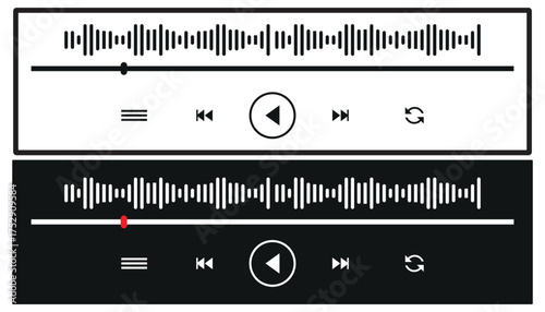 audio or video player progress loading bars with time slider, play and pause, rewind and fast forward buttons. Templates of media player playback panel interface. Vector illustration