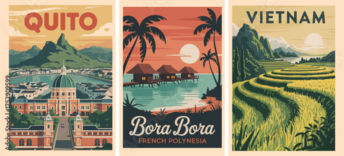 Retro Travel Posters Featuring Vietnam, Quito, Bora Bora with Vintage Mid-Century Style, Iconic Landscapes, Bold Colors, and Flat Vector Illustrations for Classic Destination Designs.
