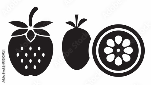 Three fruits including a strawberry a plum and a sliced citrus fruit displayed in a row in black and white