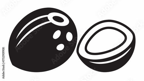 A monochrome depiction of a whole coconut and a halved coconut with visible white flesh inside it