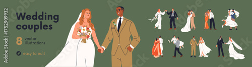 Modern wedding love couples set. Happy bride and groom marriage. Married man and woman, newlyweds in white dress and tuxedo. Romantic people, bridegroom. Isolated flat graphic vector illustrations