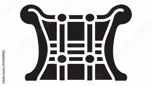 Illustration of a stylized black bench with curved armrests and a geometric back design element shown