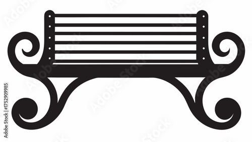 Illustration of a black park bench with a decorative design and horizontal slats for seating area