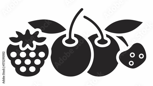 Illustration of a blackberry next to a cluster of cherries with leaves on a white background design