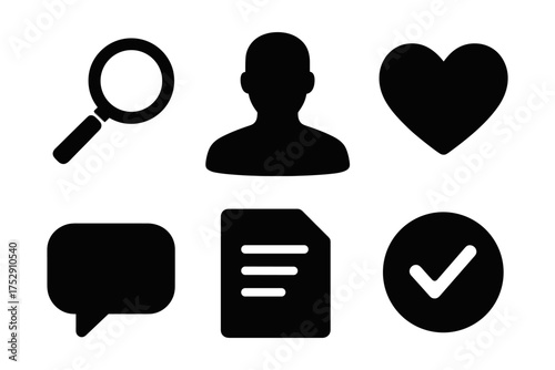  Profile, search and approval silhouette icons ,user, magnifier, chat, document, heart, check