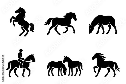  Horse silhouette icons set, rearing horse, gallop, grazing, rider, herd