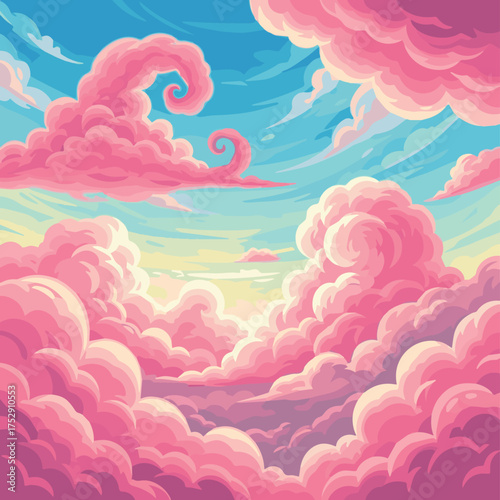 Create Pink clouds. Realistic weather bright fairy tale cloudy season abstract colored clouds decent vector template.