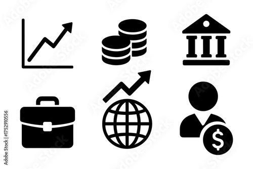  Finance and banking growth silhouette set , chart up, coins, bank, briefcase, globe, investor