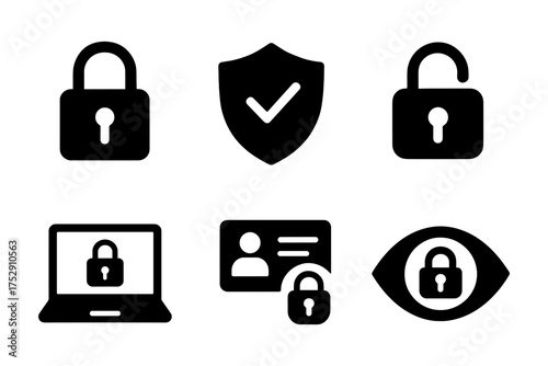 Cybersecurity and privacy silhouette icons, lock, shield, eye with padlock