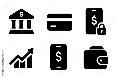 Fintech and payments silhouette icons ,bank, card, mobile money, growth, wallet