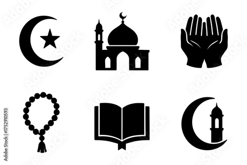  Islam symbols silhouette set ,crescent, mosque, prayer hands, misbaha, holy book, minaret