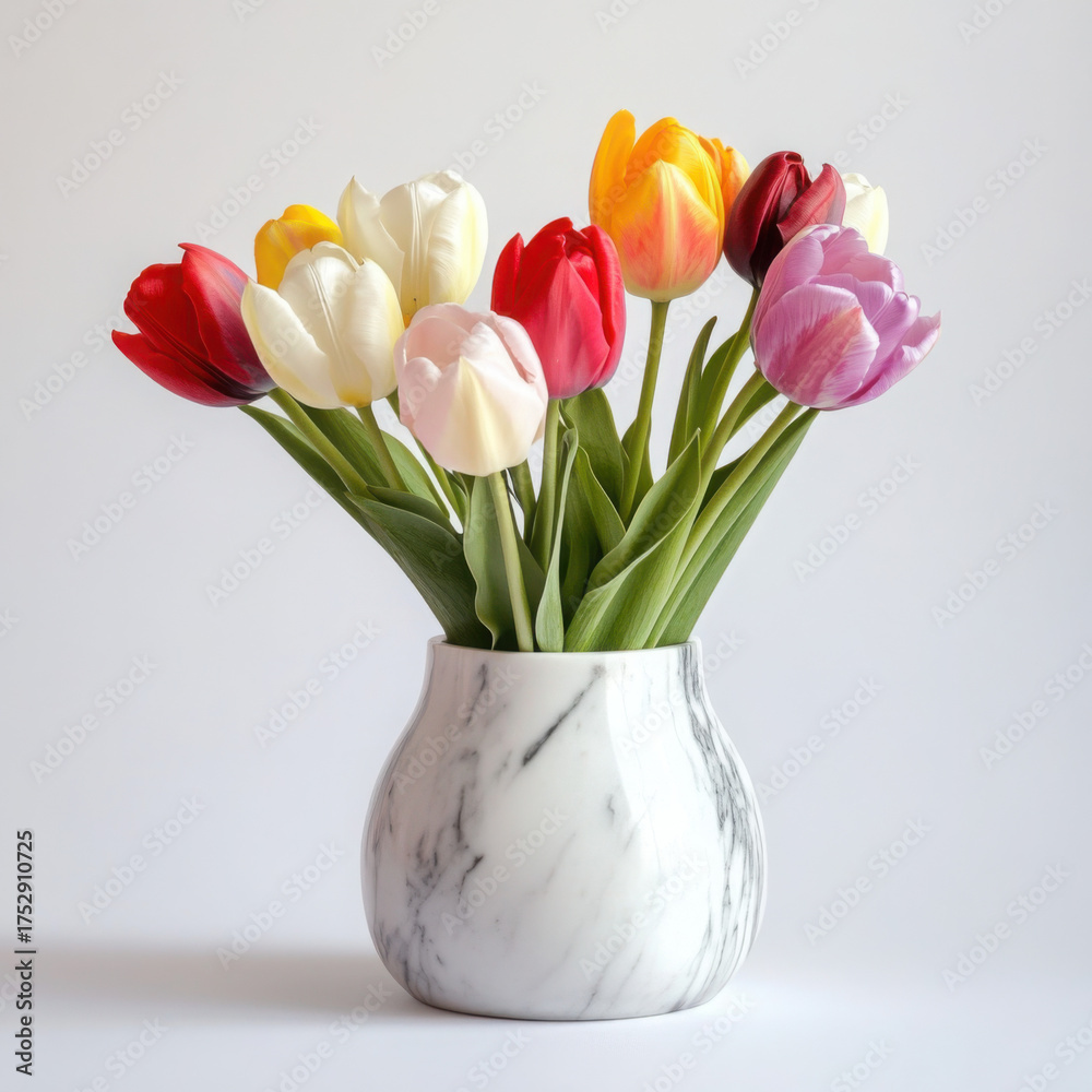 Fototapeta premium Colorful tulips in a modern marble vase.
