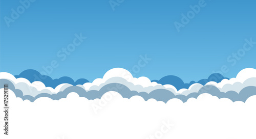 Vector illustration of a simple blue sky background with a layer of white fluffy cartoon clouds. Flat design graphic for website header. 1