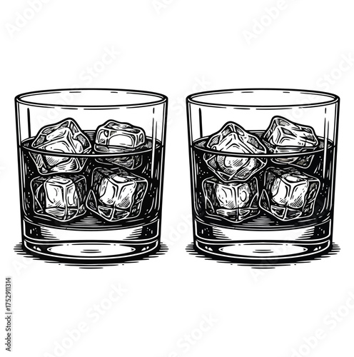 Two glasses of whiskey with ice cubes illustration in black and white for bar or restaurant on white background