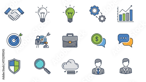 Business Innovation Icons Partnership, Ideas, Growth, and Communication