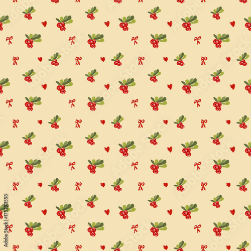 seamless pattern with berries, hearts and ribbons