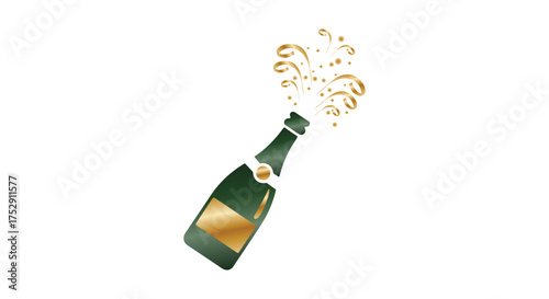 A green champagne bottle with a gold label, isolated on white background, with gold sparkles exploding from the top