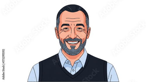 Vector illustration portrait of a smiling handsome mature man with a beard and sweater vest