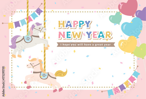 2026年午年　かわいい白馬の年賀状テンプレート