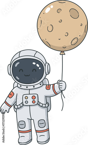 Cute cartoon astronaut in a spacesuit holding a string attached to a round balloon designed to look like the cratered surface of the Moon. Happy, sweet, and modern space-themed vector illustration.